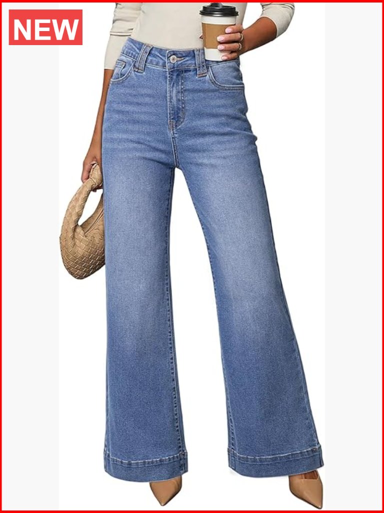 Wide Leg Flare Jeans High Waisted Stretch Casual Denim Pants With Pockets